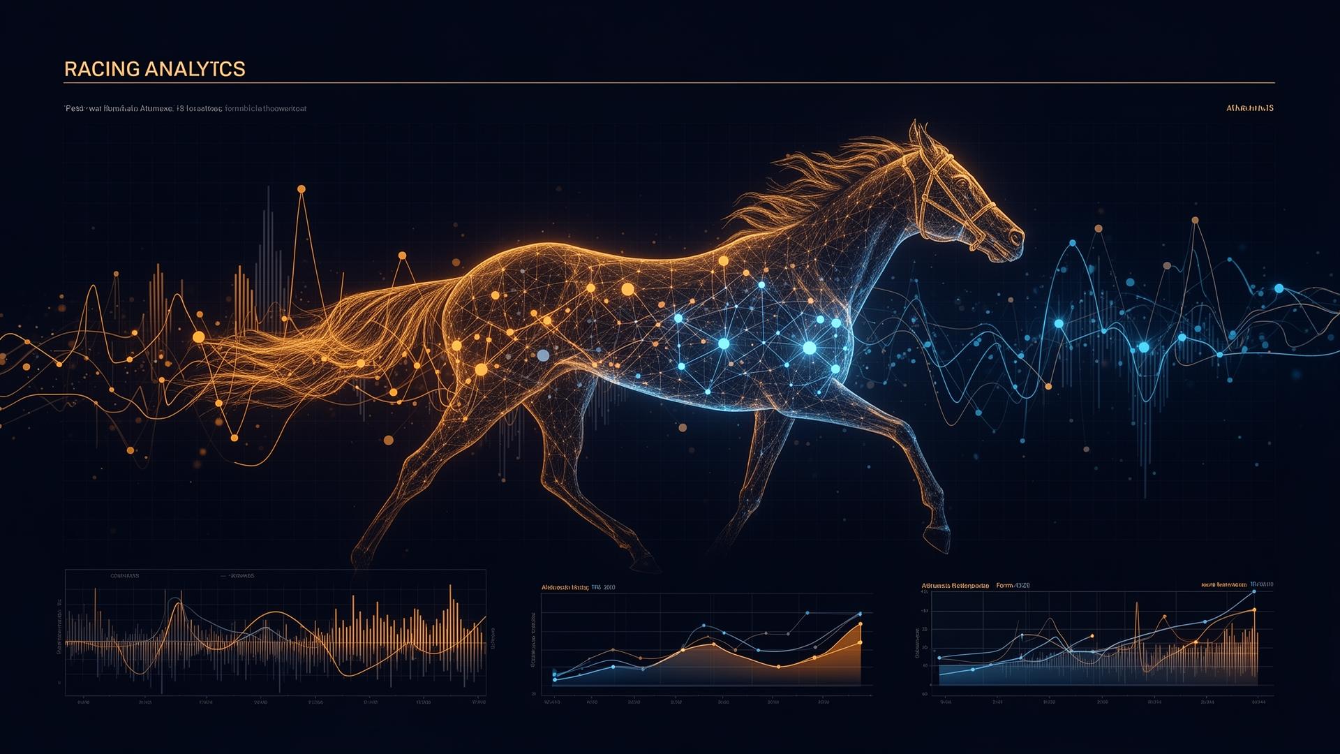 Abstract data visualization of a racehorse with overlaid analytics charts