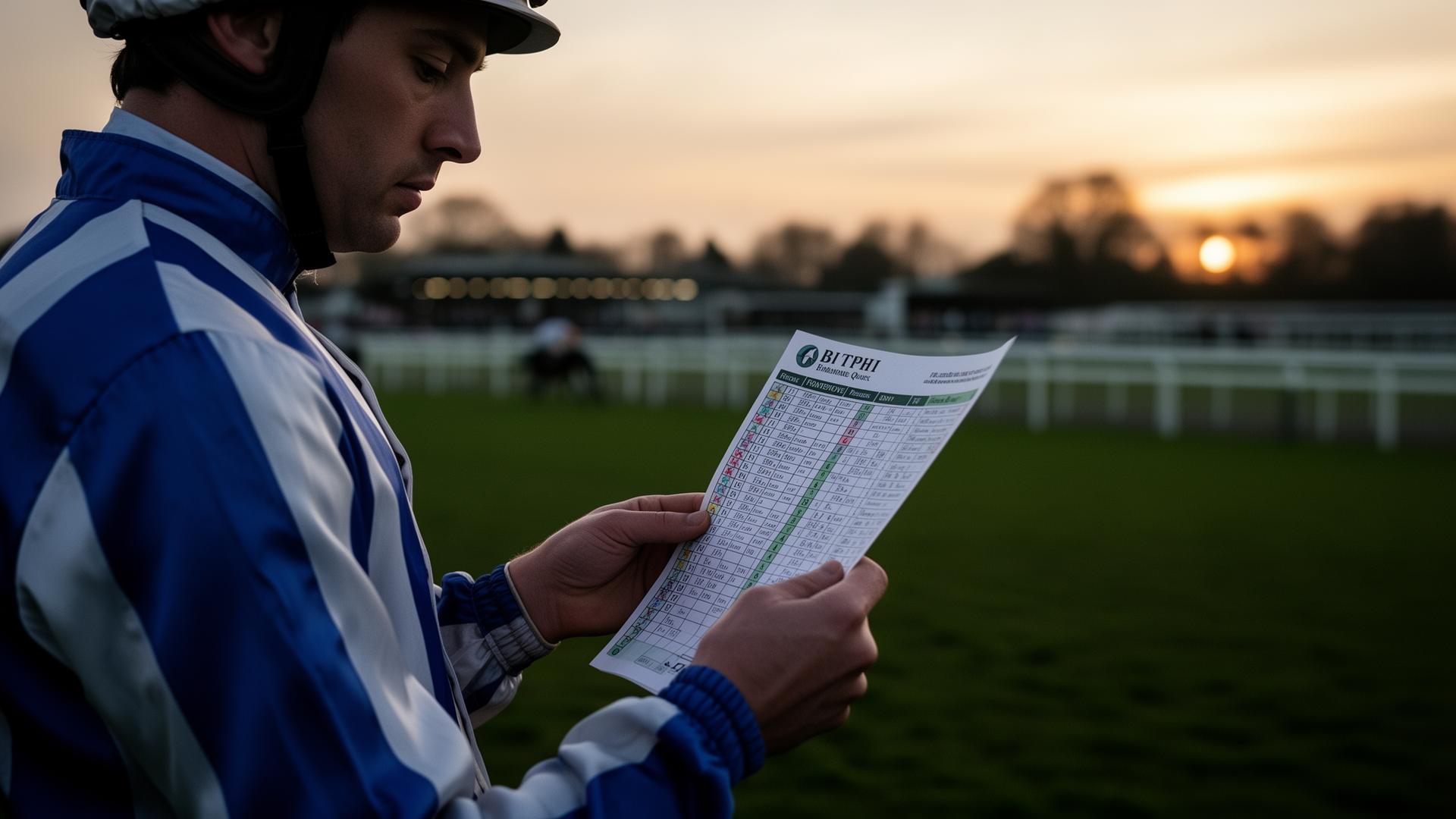 Jockey in racing silks studying a racecard at a UK racecourse at dawn
