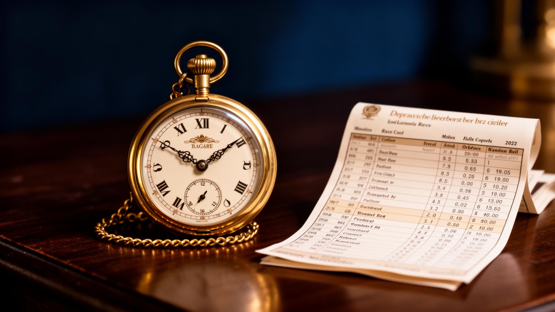 Vintage gold pocket watch beside a printed racecard on dark wood
